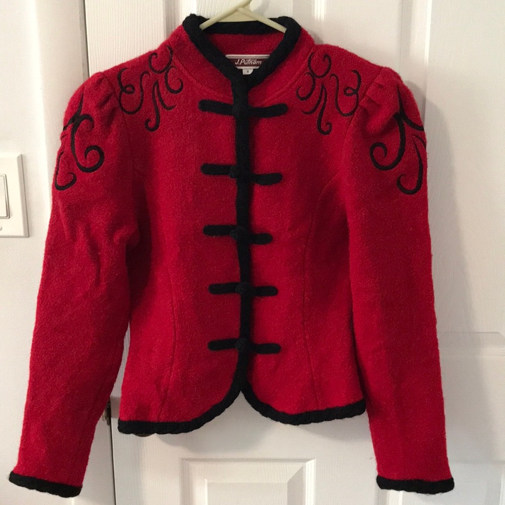 Red Black Floral Pure Vegan Wool Cardigan Size 8